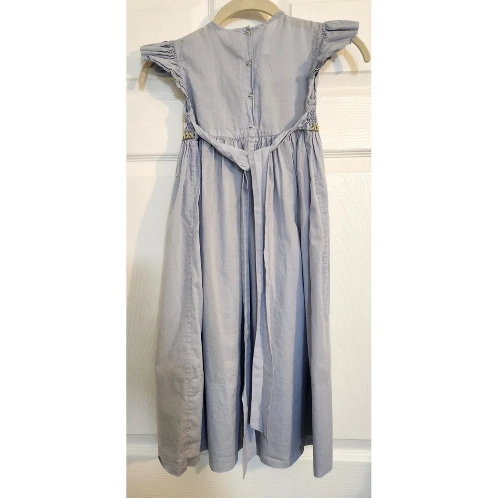 Mela Wilson Hand Smocked Daisies Butterflies French Blue Tie Back Dress Size 6